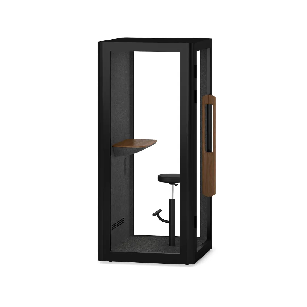 011_10 - Lumin 1P Phone Booth with 3 Side Glass and Stool - Matte Black (BK) and Walnut (WA).webp